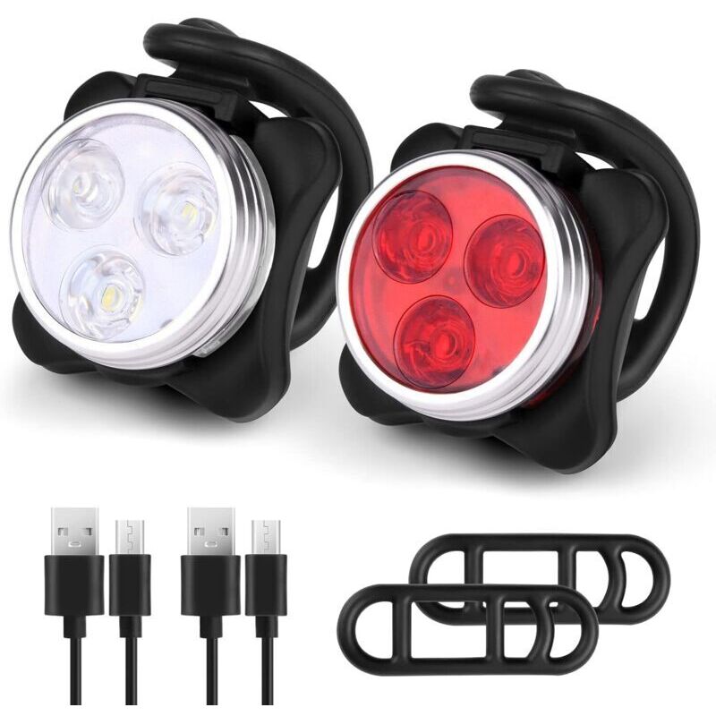 Rechargeable Front and Rear Bike Lights, USB Bike Lighting Kit, Shockproof and Waterproof LED Headlight for Mountain Bikes, Road Bikes, Strollers