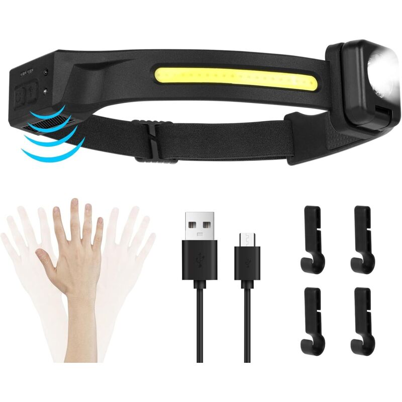 Rechargeable Headlamp, Ultra-Bright LED, 230° Lighting, USB Rechargeable, Motion Sensor, IPX4 Waterproof, Lightweight 0.2 lb, for Fishing, Camping,