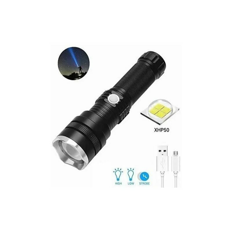 Hoopzi - Rechargeable led Flashlight, Super Bright XHP50 6000 Lumens Tactical Zoomable Torch 3 Modes Waterproof Flashlight Torch for Camping, Hiking