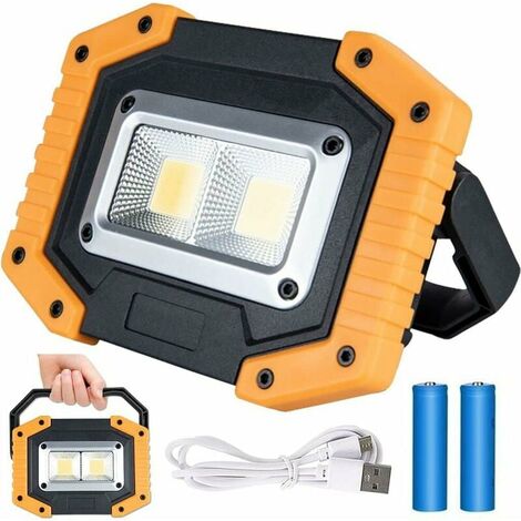 Rechargeable LED Floodlight, 30W USB 2000LM LED Work Lights, Portable Waterproof Camping COB Spotlight Work Lights with 3 Modes (2 Batteries Included)