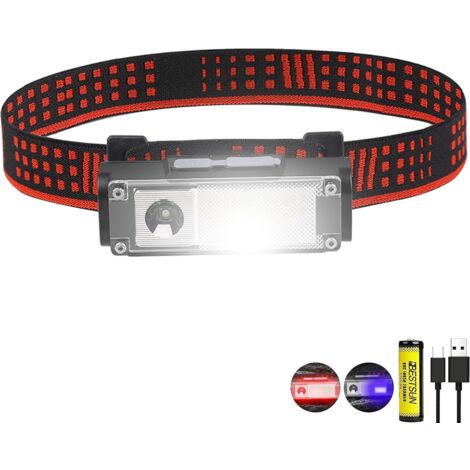 Rechargeable LED Headlamp, Head Torch with 4 Lighting Modes, Red and Blue Light, Waterproof, Adjustable, 60° Rotation, Fishing, Self-Healing [Energy Class A+]