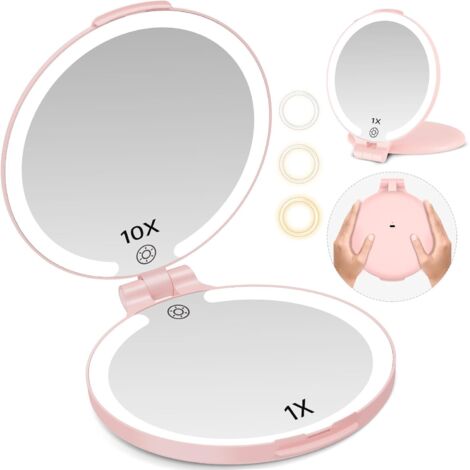 Rechargeable Maquillage Miroir Grossissant Lumineux, Miroir de Cosmétique Portable Voyage Gradation 3 Couleurs, Compact Miroir Coiffeuse Eclairage pour Filles