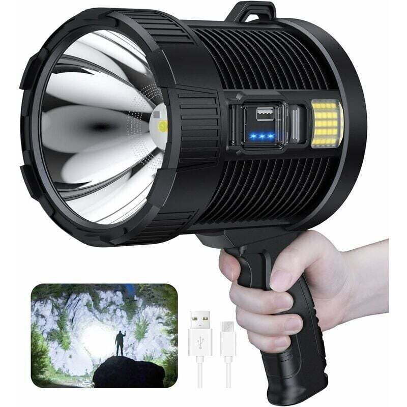 Rechargeable spotlight, 100,000 lumens LED handheld spotlight, large flashlight, super bright outdoor solar spotlight, with COB lamp, 6 modes, IPX5
