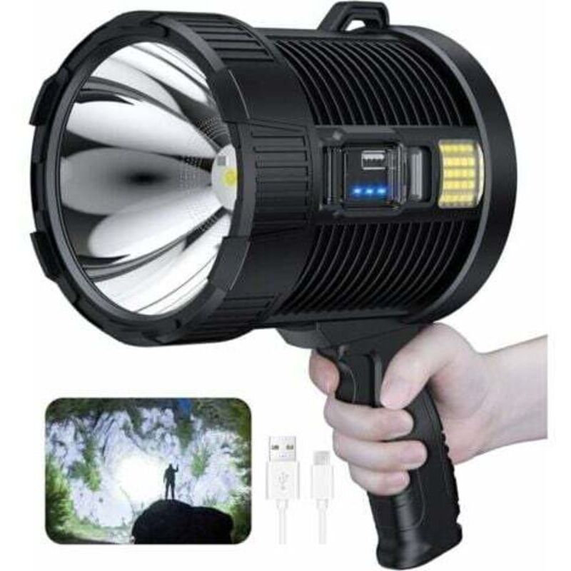 Rechargeable spotlight, 100,000 lumens LED handheld spotlight, large flashlight, super bright outdoor solar spotlight, with COB lamp, 6 modes, IPX5