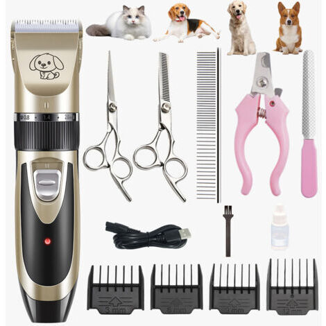 Rechargeable tondeuse professionnelle pour animaux de compagnie avec accessoires ， amovibles et lavables ， pour chiens, chats （or noir）