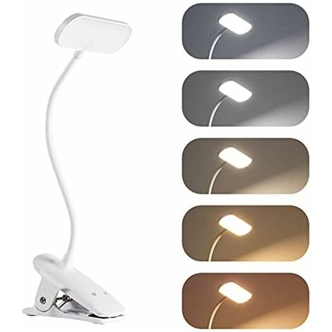 Rechargeable wireless LED desk lamp, clamp lamp with 36 LEDs, reading lamp 5 color temperatures and 5 brightness levels, 360° flexible adjustable, for bed, bedside table, reading, learning, reading
