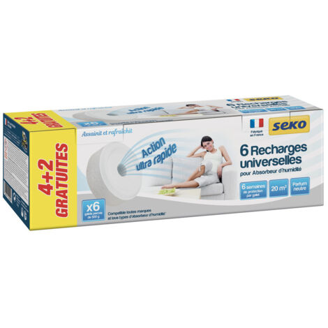 Recharges galet absorbant l'humidité 6x500g – Protection jusqu'à 20 m² pendant 6 semaines – Compatible avec recharges jusqu'à 1 kg – Seko