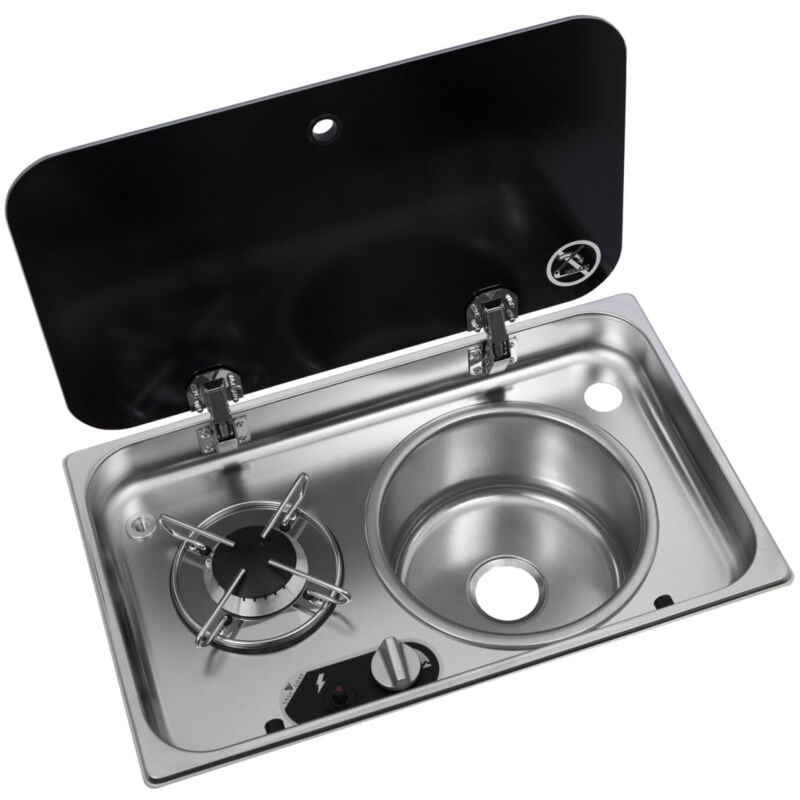 réchaud à gaz 1 feu encastrable avec couvercle en acier inoxydable + évier à droite 526 ×326 - navy load