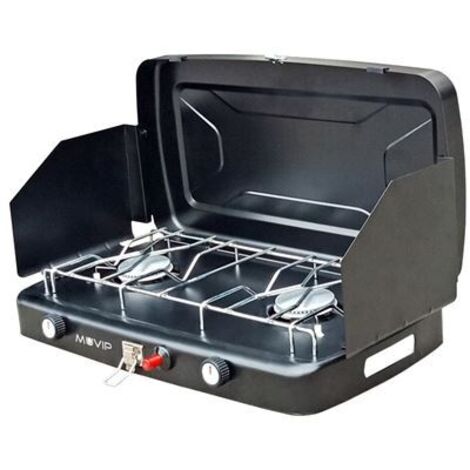 Réchaud à gaz 2 brûleurs – Allumage piézo-électrique – Base antidérapante – Pare-vent inclus – Dimensions 459 x 296 x 82 mm