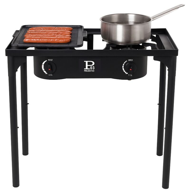 INTEC R&eacute;chaud &agrave; Gaz 2 feux Barbecue grill 9kW 2en1 : 2 br&ucirc;leurs fonte + 1 Plaque Grill Fonte, 3 Hauteurs Modulables Piezo 