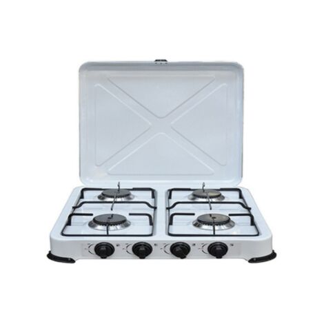 Réchaud à gaz 4 feux en acier émaillé blanc 4,4 kW – Pieds antidérapants pour stabilité – Dimensions 49 x 50 x 11 cm – Camping et pique-nique