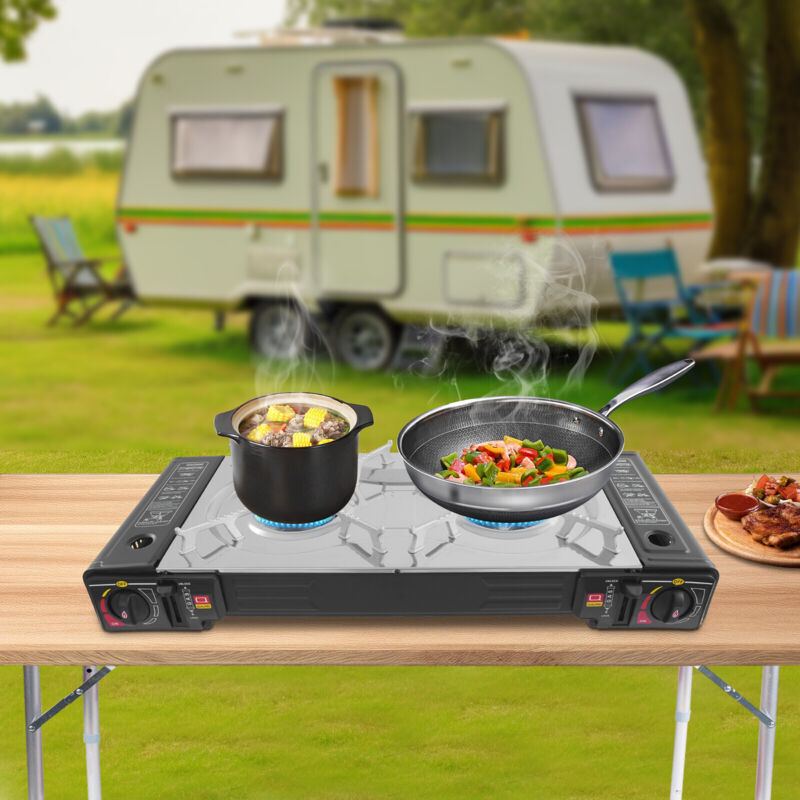 Réchaud à gaz barbecue à double brûleur et double usage Réchaud de camping portable avec réchaud de camping à butane de table Comprend un étui, une