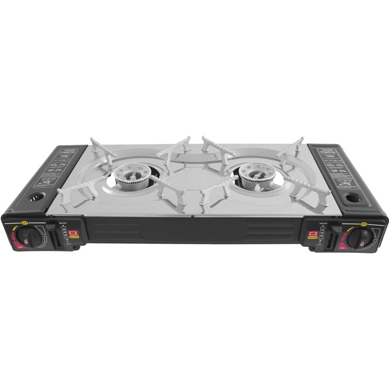 Réchaud à gaz de camping, à 2 feux, avec plaque de cuisson, 45 x 24 cm, pour l'extérieur et l'intérieur, table de balcon, double réchaud à gaz avec
