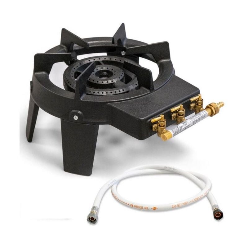 Intec - Rechaud à gaz 9,8 kw Fonte véritable 4 pieds 2 bruleurs + Tuyau gaz flexible 1.50m triglav