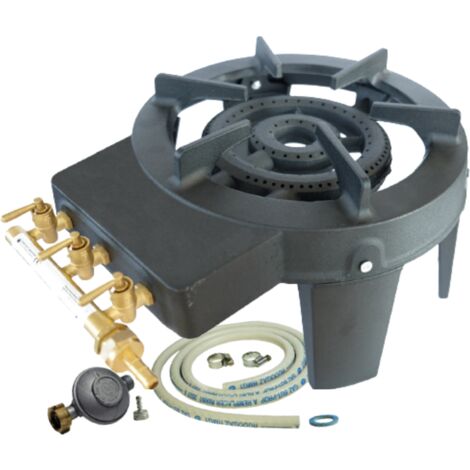 Réchaud à gaz 2 brûleurs en fonte véritable 9.8 kW – 3 robinets réglables – Tuyau et détendeur inclus – Pour cuisson en extérieur – Meva