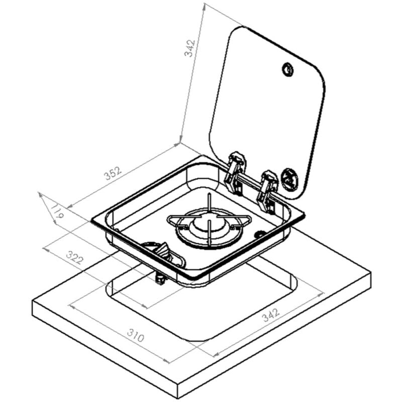 réchaud à gaz encastrable avec couvercle en acier inoxydable 1 feu 322 ×352 - navy load