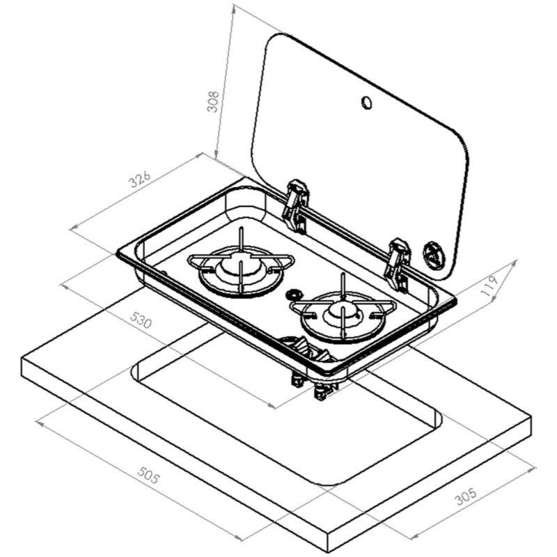 réchaud à gaz encastrable avec couvercle en acier inoxydable 2 feux 530 ×326 - navy load