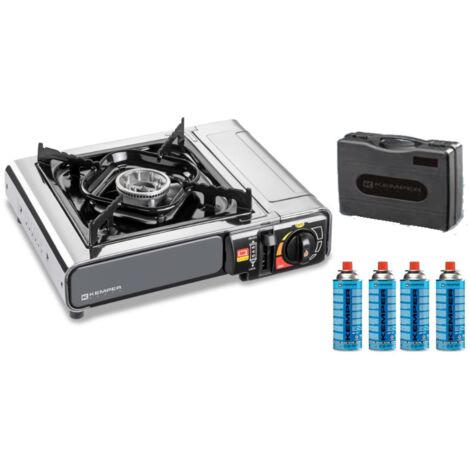Réchaud à gaz KEMPER INOX 2200W + 4 cartouches gaz Allumage piezo Sécurité insert gaz