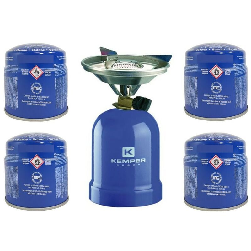 Kemper - Réchaud à gaz 2200W Coque métal + 4 cartouches de gaz Réchaud camping pour cartouche gaz 190g - blue