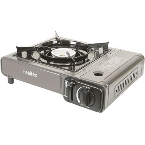 Réchaud à gaz portable 1 brûleur – Allumage piezo – Fonctionne avec cartouches isobutane – Dispositif de sécurité 5,5-7,0 bar – Habitex