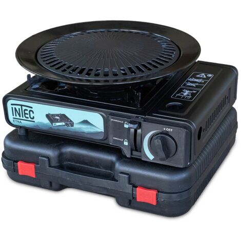 Réchaud à gaz portable 2200W Etna + Plaque Grill Barbecue Camping Allumage Piezo Mallette INTEC