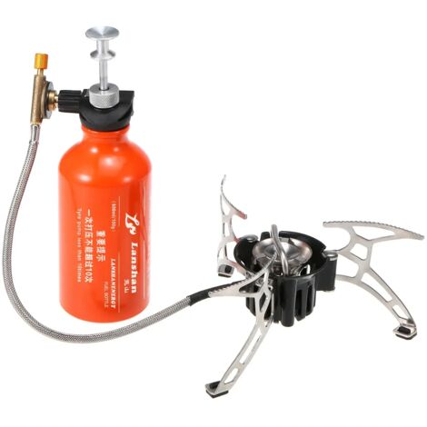 Réchaud à mazout multi-combustibles avec bouteille de combustible essence de 500 ml et pare-vent à 9 plaques, idéal pour le camping et les réchauds de cuisine portables.