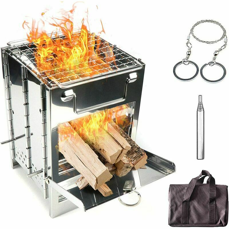 Réchaud de camping en acier inoxydable Sac à dos pliant Mini barbecue à bois avec sac de transport pour le camping, la randonnée, la cuisine