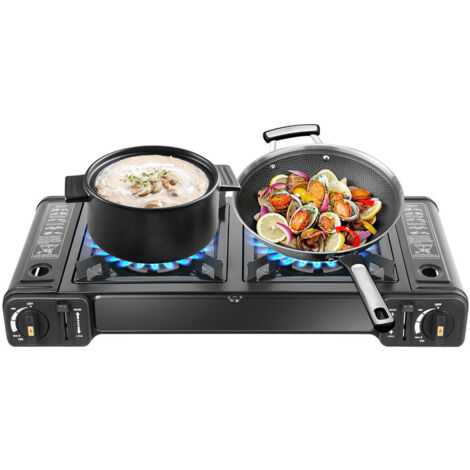 Réchaud de camping portable 2500 W – 2 brûleurs avec plaque de cuisson et étui de transport, fonctionne au butane ou GPL, pour usage domestique et extérieur