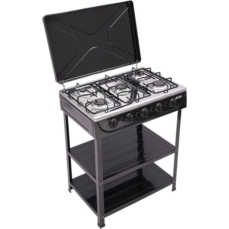 Gojoy - Réchaud de camping, réchaud à gaz 5 brûleurs avec couvercle et 2 étagères, hauteur totale 82 cm, Cuisinière à gaz pour le camping, la pêche,
