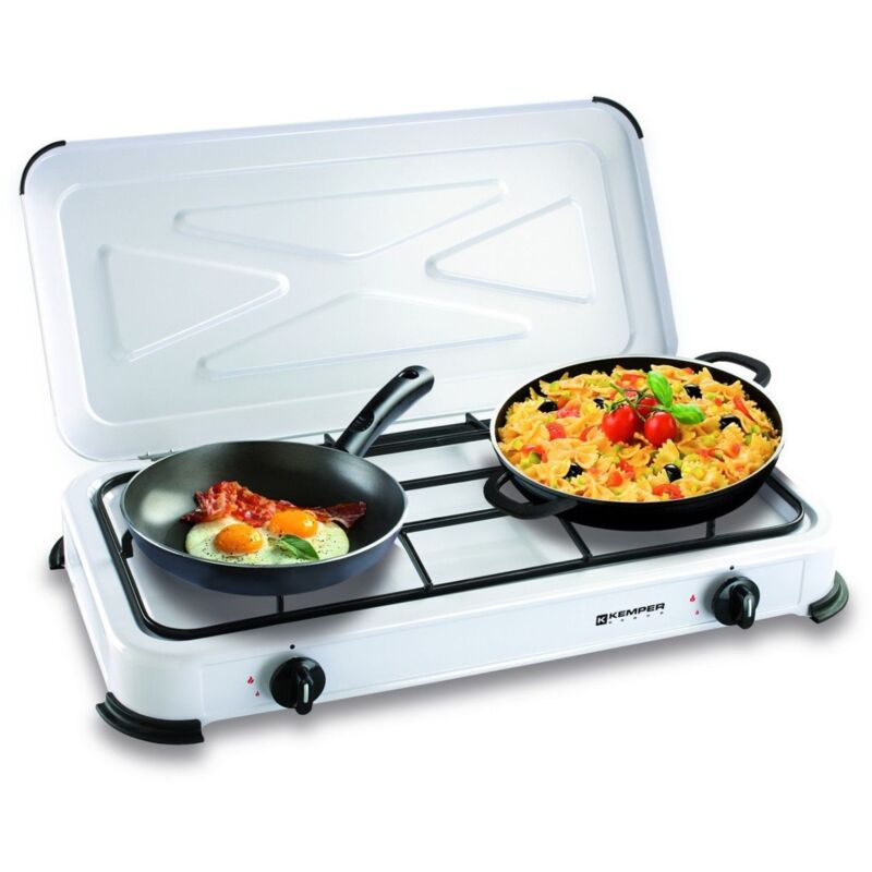 Réchaud gaz portable 2 feux 2600W Blanc laqué Couvercle Plaque de cuisson Kemper