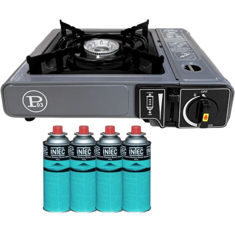 Réchaud gaz Camping 1 Feu 2200W + 4 Cartouches gaz Butane Allumage Piezo – Camping Randonnée Cuisine Extérieure INTEC