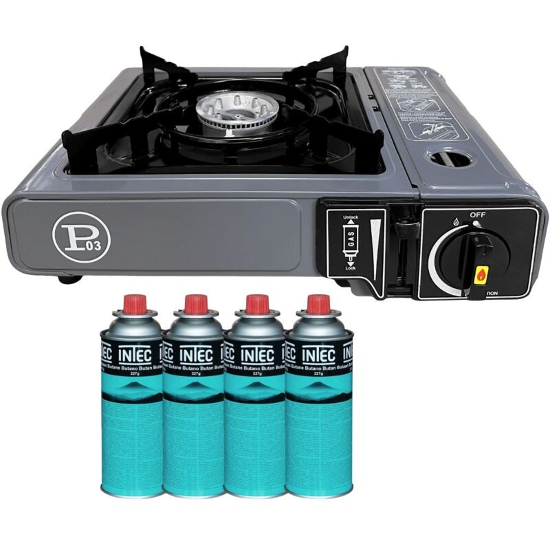 INTEC  - R&eacute;chaud gaz Camping 1 Feu 2200W + 4 Cartouches gaz Butane Allumage Piezo ? Camping Randonn&eacute;e Cuisine Ext&eacute;rieure