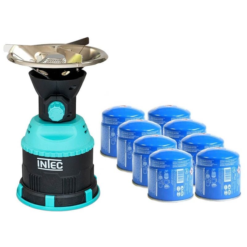 In.tec - Rechaud gaz camping 1200W piezo Coque abs + 8 Cartouches gaz 190 gr intec