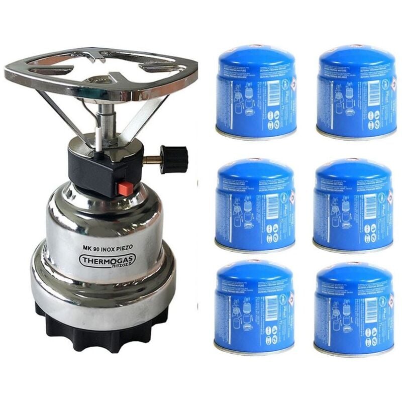 Camper Gaz - Rechaud à gaz 1200W Plaque Inox + 6 cartouches de gaz 190gr