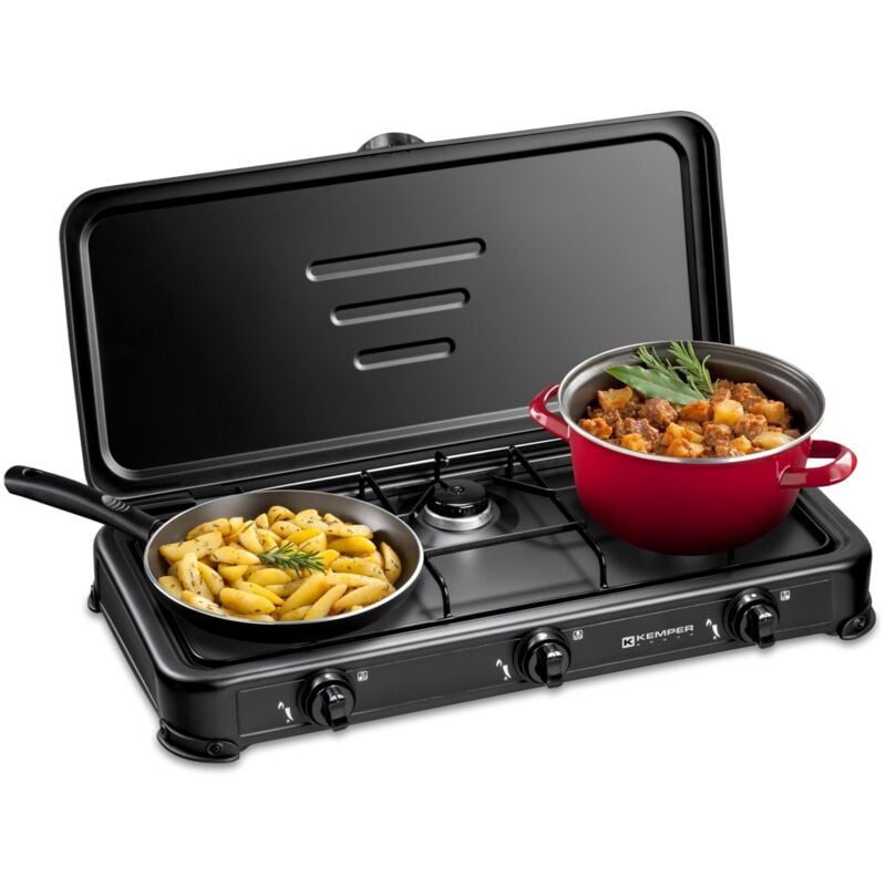 Kemper - Réchaud gaz portable 3 feux 3450W Noir Couvercle Plaque de cuisson