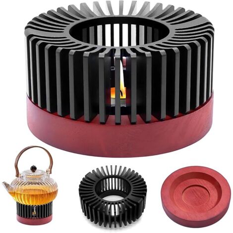 Réchaud noir pour théière de 11 cm - Réchaud en aluminium avec socle en bois - Chauffe-tasse - Isolation - Cache-café - Pour conserver la chaleur du thé, du café, du lait