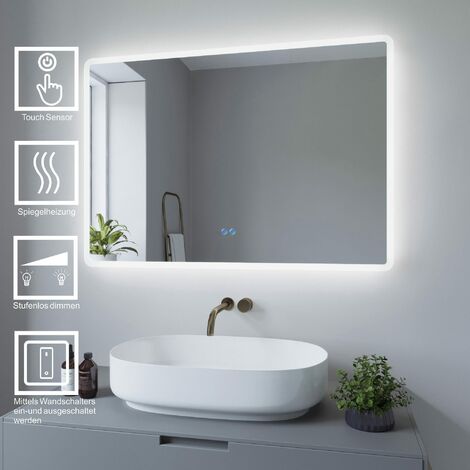 Rechteckig Badspiegel mit 6400K Kaltweiß LED-Beleuchtung 100x70x4,5 cm Touch Wandspiegel abgerundete Ecken, Anti-Beschlag-Funktion, Dimmbar, Schutzklasse IP44