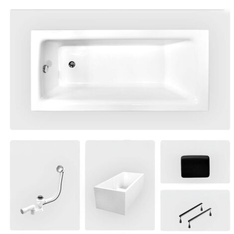 Rechteckige Badewanne - 160 x 75 cm - mit Polystyrol-Verkleidung - Füße - Griffe - Kopfstütze - Chromablauf - TALIA PREMIUM