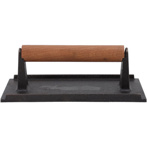 Rechteckige Grillpresse aus Gusseisen für Speck und Burger, Grillwerkzeug mit hitzebeständigem Buchenholzgriff, 13 x 23 cm