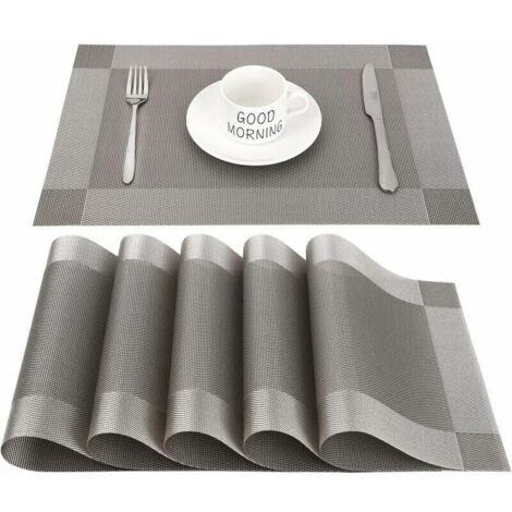 Rechteckige Platzsets aus rutschfestem, hitzebeständigem PVC für Esszimmer, Küche oder Esstisch, 45 x 30 cm, 6er-Set, grau