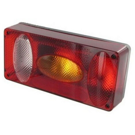 Rechteckige Rückleuchte mit 6 Funktionen – Rotlicht, Blinker, Kennzeichenbeleuchtung – Abmessungen 215 x 100 x 55 mm – Lochabstand 155 mm