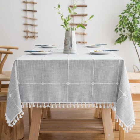 Rechteckige Tischdecke aus Baumwollleinen Tischdecke, knitterfrei, wasserfest, waschbare Tischdecke im Landhausstil mit Quasten für Küche, Esszimmer, Party, 139,7 x 177,8 cm, 4–6 Sitzplätze, grau