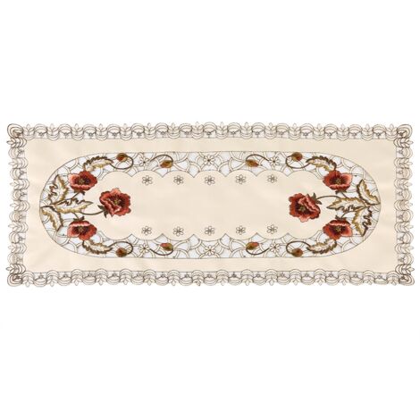 Rechteckige Tischdecke mit durchbrochener Stickerei und roten Blumenmotiven zur Tischdekoration