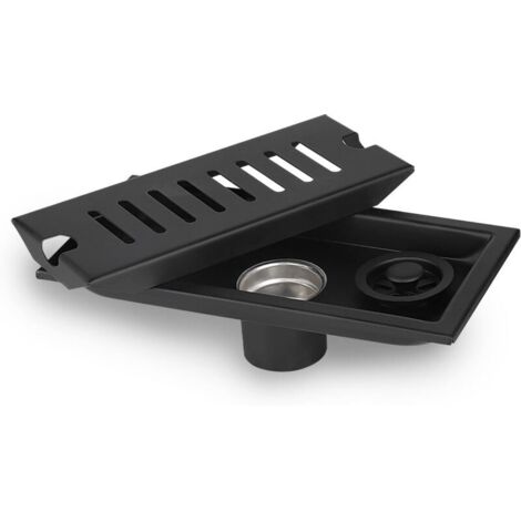 Rechteckiger Bodenablauf, 20 x 10 cm Haarschutzgitter, schwarze Duschablaufrinne, Duschbodenablauf mit Doppelfilter, abnehmbarer Abfluss- und Geruchsverschluss (mittelgroß)