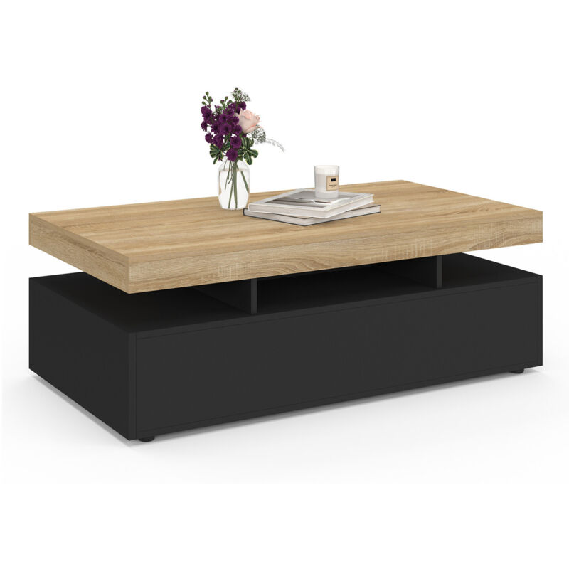 Idmarket Schwarz Rechteckiger Couchtisch Elsa 2 Schubladen Aus Em Holz Und Buchenholzplatte