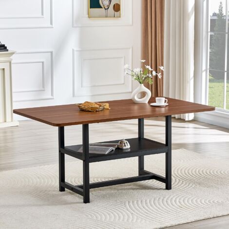 Rechteckiger Esstisch im Industriedesign in Nussbaumfarbe, 160×90×76 cm, für 4–6 Personen, mit multifunktionalem Ablageregal und schwarzen Metallbeinen. Geeignet für Wohnzimmer, Küche und Essbereich.