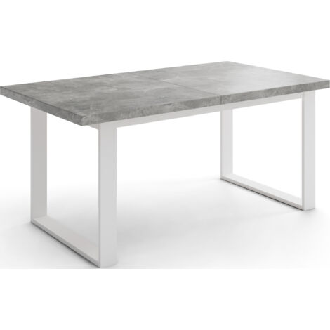 Rechteckiger Loft Esstisch Für Wohnzimmer - Loft Stil Esstisch Mit Weißen Metallfüßen - Ausziehbarer Esstisch von 140 cm bis 180 cm - Made in EU - Grauer Beton
