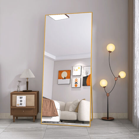 Rechteckiger Standspiegel – 180 x 80 cm – Metallrahmen – Großer HD-Spiegel – Goldfarben