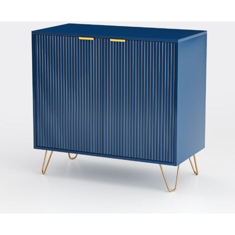 Rechteckiges Buffet mit 2 Stauraumtüren, gestreiftes Design, Metallfüße, Regale, skandinavische Ästhetik, Holz-Living-Möbel - Blau