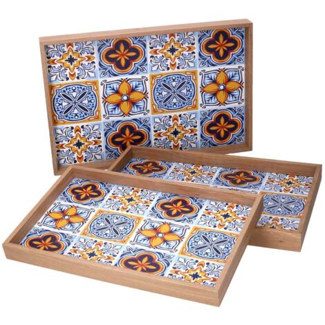Rechteckiges Holztablett 1-3, hellblauer Rand, natürliche Oberfläche, 45 cm x 30 cm x 4 cm